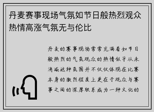丹麦赛事现场气氛如节日般热烈观众热情高涨气氛无与伦比
